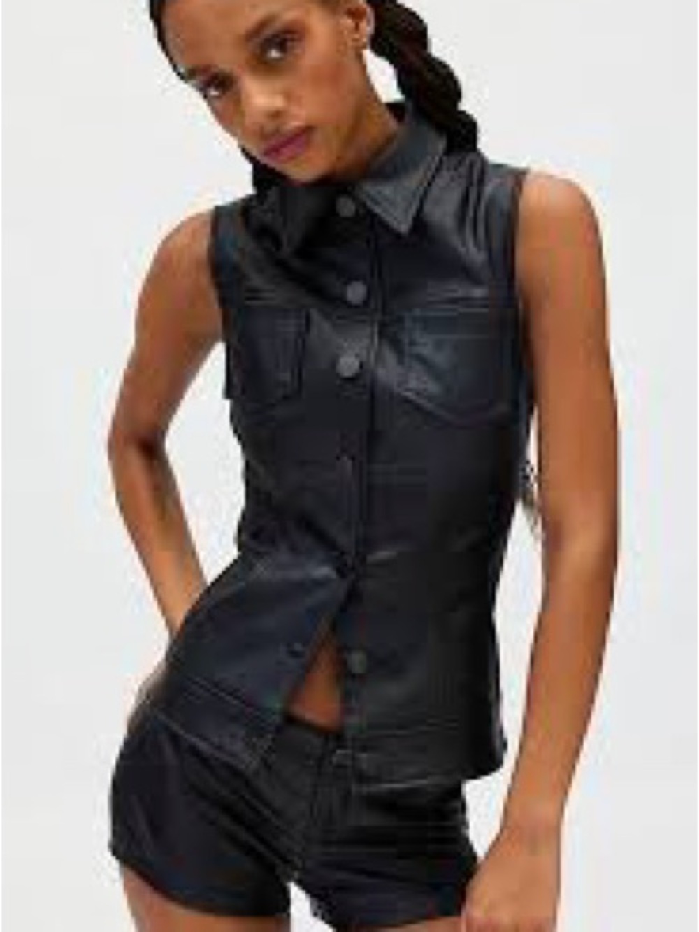 silence + noise Black Faux Leather Sleeveless Button-Up Vest